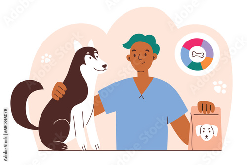 Pet diet and nutrition illustration, hand drawn scene with vet doctor and siberian huski, vector illustration of dog food pack, feeding puppy consultation, veterinary clinic, colored clipart