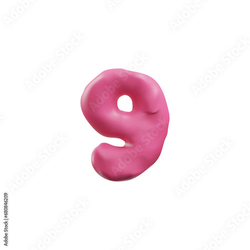 Pink plasticine number nine 3D style, vector illustration