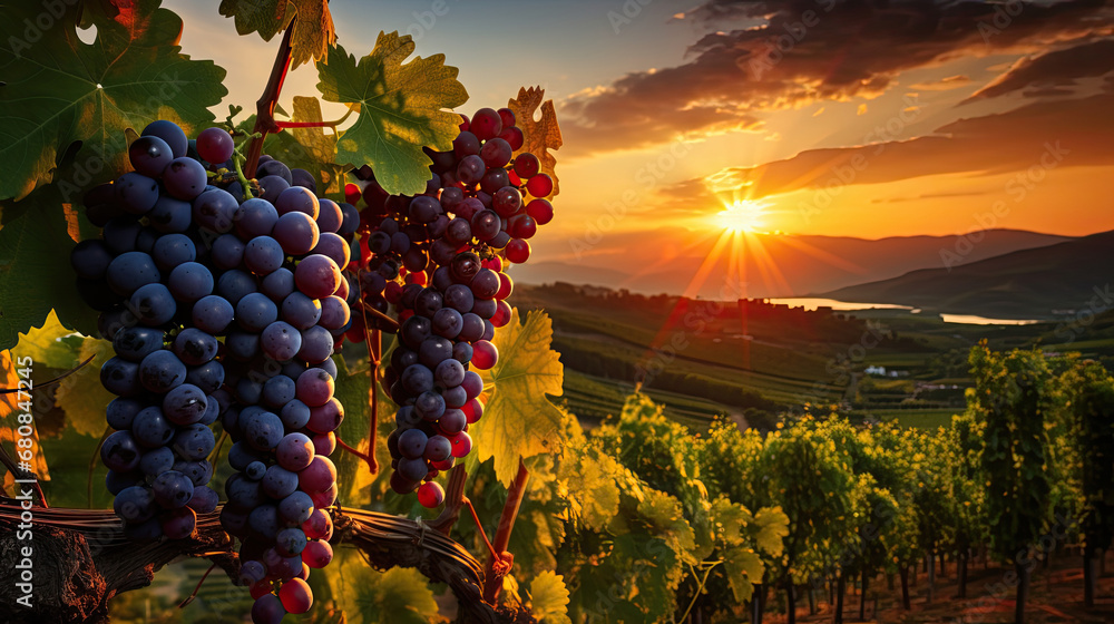 Ripe grapes in vineyard at sunset, Beautiful sunset over Tuscan vineyards. - obrazy, fototapety, plakaty 