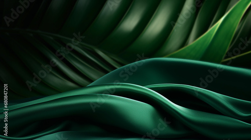 elegant green background with close up of dark green velvet fabric in sunlight tropical tree