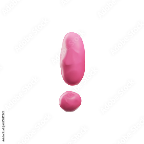 Plasticine pink exclamation point letter of English alphabet, vector 3D typing mark symbol from dough, sculpting sign