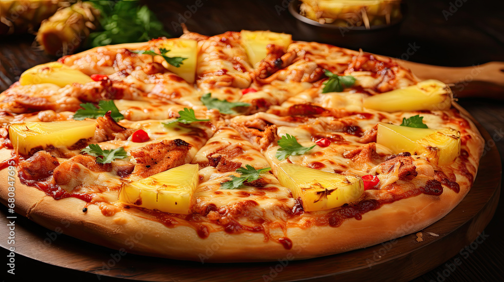 Pizza with chicken and pineapple. Hawaiian pizza Pizza with chicken and pineapple. Hawaiian pizza