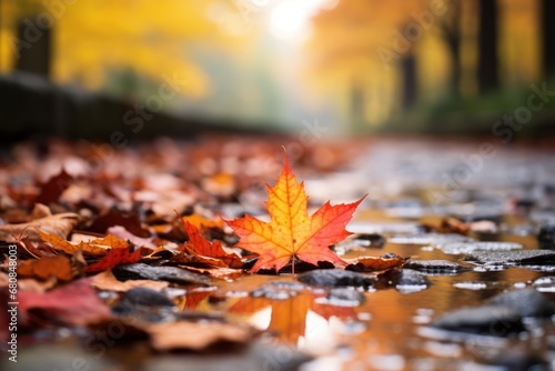 Colourful autumn leaves on brick pavement floor at fall. Dry yellow leaves blur Maple leaf on wet road, urban city street. October september or november weather Selective focus on asphalt Blurry bokeh