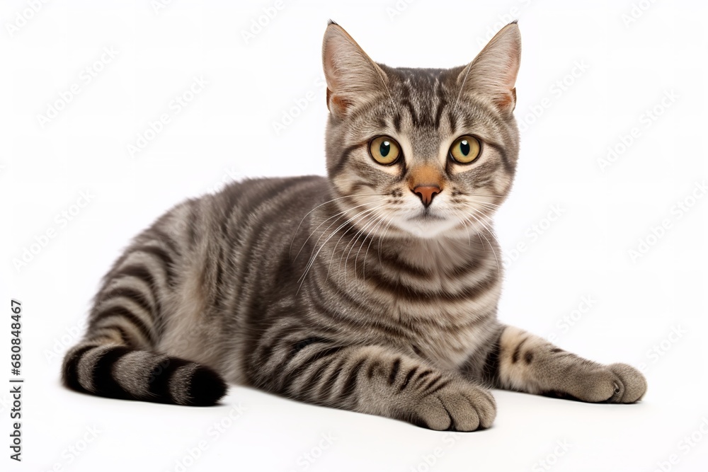 Close-up of a striped cat with bright green eyes laying down on a white background. The cat has a soft and fluffy coat, and its eyes are sparkling with curiosity.