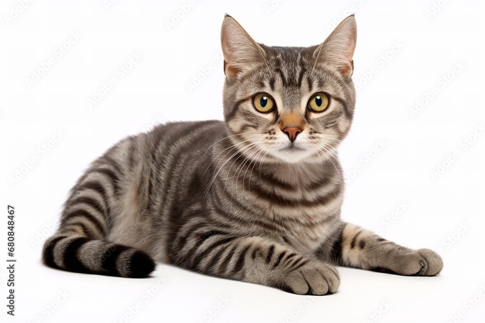 Close-up of a striped cat with bright green eyes laying down on a white background. The cat has a soft and fluffy coat, and its eyes are sparkling with curiosity. Close-up of a striped cat with bright green eyes laying down on a white background. The cat has a soft and fluffy coat, and its eyes are sparkling with curiosity.