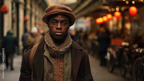 Fashion portrait of black african american man walking on streets of city background.