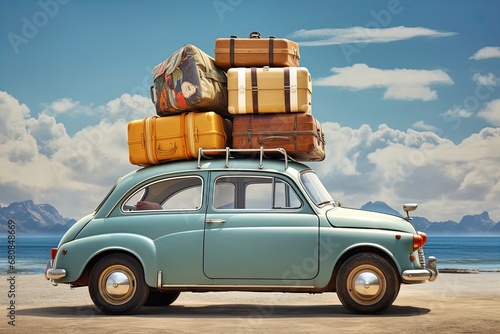 Adventure awaits: A classic blue car, piled high with luggage, sets off on a desert road trip.