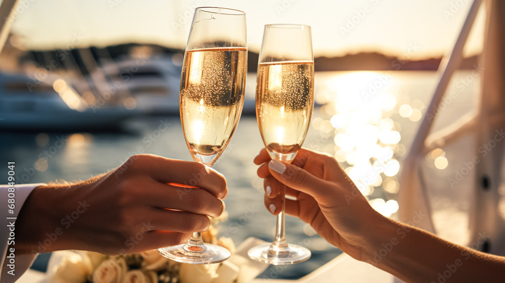 Happy couple woman and man celebrating champagne deck of yacht. Wedding, Party, fun vacation, sea voyages, ocean cruises, romantic relationship, Valentine's Day - obrazy, fototapety, plakaty 
