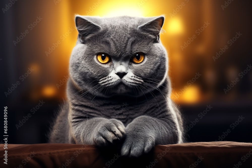 Close-up of a gray cat with yellow eyes sitting on a couch. The cat has a white patch on its chest and a black nose. Its fur is soft and fluffy, and its eyes are bright and curious.