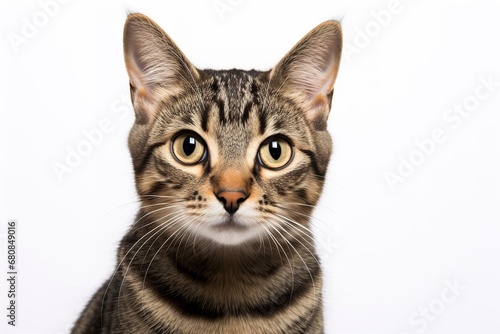 Close-up of a tabby cat with big green eyes on a white background. The cat has a black nose and a white patch on its chest. Its fur is soft and fluffy, and its eyes are bright and curious. © wiwid