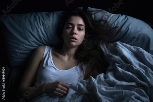 Insomniac Woman Lying Awake in Bed