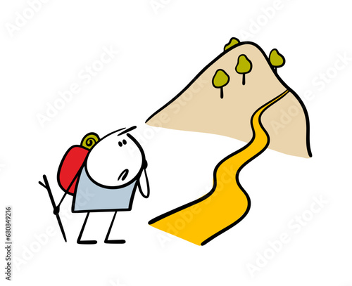 Funny confused traveler with a backpack stands at the beginning of road and looks at a high mountain. Vector illustration of upset stickman who got lost on hard hike. Isolated on white.