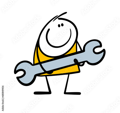 Funny stickman holds a wrench. Vector illustration of a worker with huge tool, cartoon skilled man capable of repairing a thing.