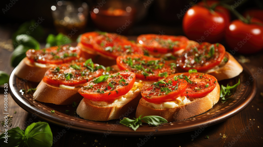 Tasty savory tomato Italian appetizers, bruschetta with tomato and basil