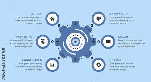 Infographic template with gear with six elements for icons and text, vector eps10 illustration
