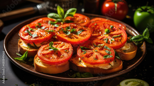 Tasty savory tomato Italian appetizers  bruschetta with tomato and basil