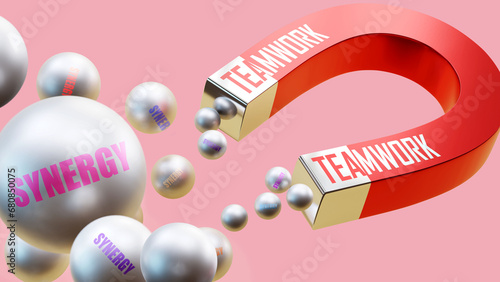 Teamwork which brings Synergy. A magnet metaphor in which teamwork attracts multiple parts of synergy. Cause and effect relation between teamwork and synergy.,3d illustration