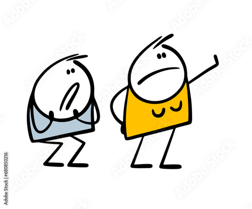 Frightened man hides behind a strong woman. Vector illustration of a wife protecting her husband from problems and attacks, putting her hand forward, stopping trouble.