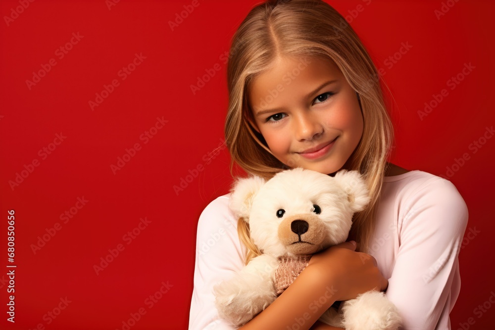 Adorable Fictional Little Child in Plain Casual Shirt Holding a Teddy Bear and Smiling. Isolated on a plain red background. Generative AI. Adorable Fictional Little Child in Plain Casual Shirt Holding a Teddy Bear and Smiling. Isolated on a plain red background. Generative AI.