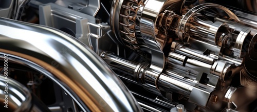 Shiny chrome parts in car engine close up view. AI generated image © is