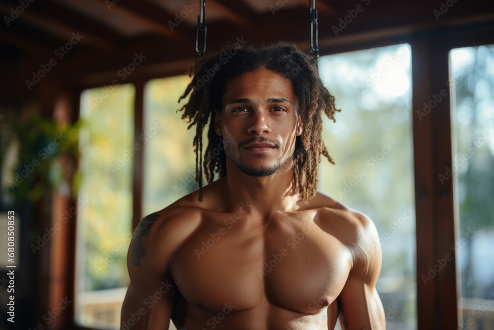 Obraz premium Athletic black man exercising with fitness equipment.