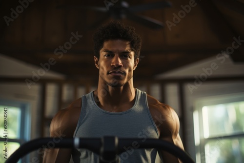Athletic black man exercising with fitness equipment.