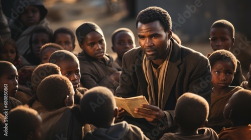 African pastor or priest preaching in village outside to group of poor looking children. photo