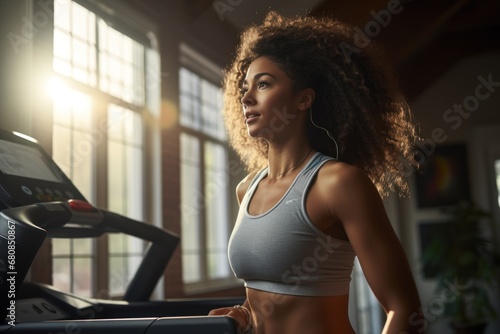 Athletic black woman exercising with fitness equipment at home