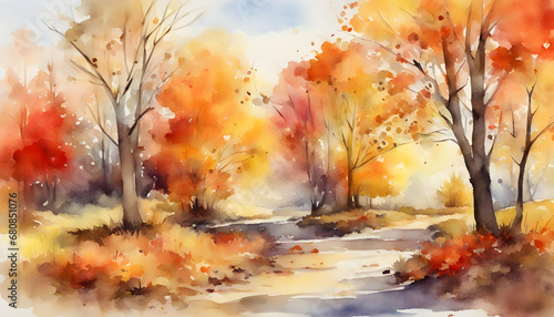 Watercolor fantasy with autumn trees  lakes in the forest.
