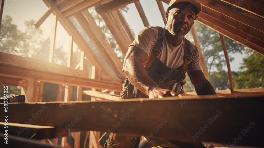 A middle-aged man is building a house, working on the roof. Work and profession, construction and installation. A middle-aged man is building a house, working on the roof. Work and profession, construction and installation.