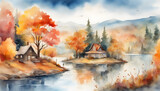 Watercolor fantasy landscape with autumn trees, lake, magic house, beautiful forest