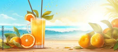 Fresh summer drink of Orange juice on tropical beach background