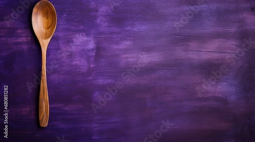 Rustic wooden spoon and fork on a deep purple background.