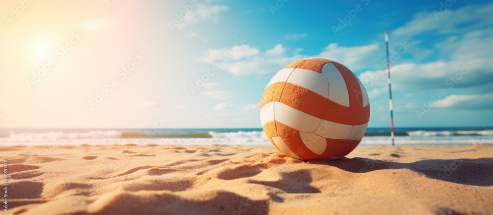 Colorful beach ball at seaside on sunny day view AI generated image