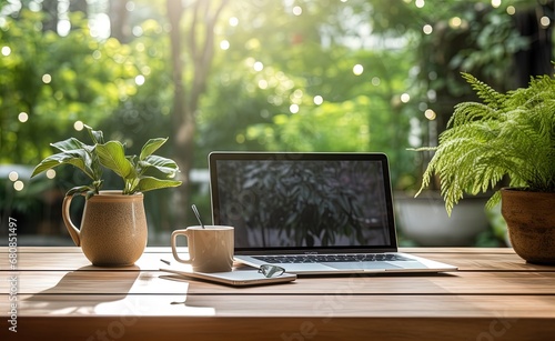 Digital oasis: A laptop among lush plants captures a serene workspace in a modern café ambiance. © Alex