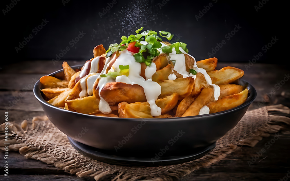 Capture the essence of Poutine in a mouthwatering food photography shot Generative AI Capture the essence of Poutine in a mouthwatering food photography shot Generative AI