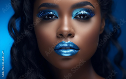 Portrait of beautiful black woman with blue shiny makeup on the blue background. Blue lip gloss and blue eye shadows