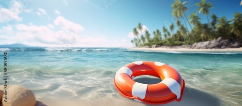 Tropical beach with lifebuoy at sand at summer. AI generated image