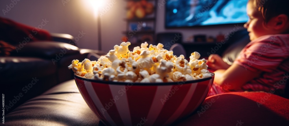 Popcorn snack while watching a movie on the couch at theater room. AI generated image