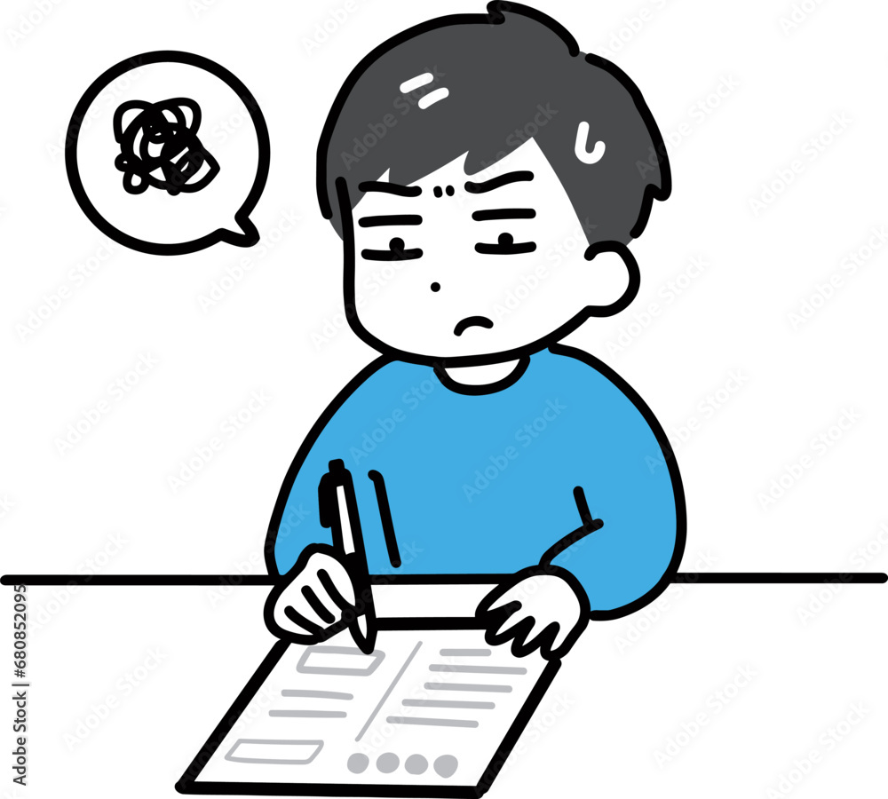 面倒くさそうに書類に記入する私服の男性 面倒くさそうに書類に記入する私服の男性