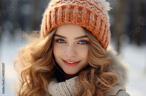 beautiful woman with blonde hair dressed in knitted sweater and winterwear