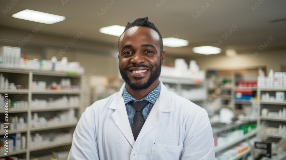 A man pharmacy worker smiles welcomingly against the background of shelves with medicines. Sale of medicines. A man pharmacy worker smiles welcomingly against the background of shelves with medicines. Sale of medicines.