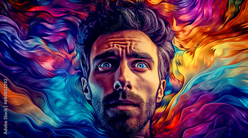A MAN IN A MAD HALLUCINATION, PSYCHEDELIC HORIZONTAL IMAGE. legal AI A MAN IN A MAD HALLUCINATION, PSYCHEDELIC HORIZONTAL IMAGE. legal AI