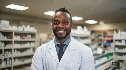 A man pharmacy worker smiles welcomingly against the background of shelves with medicines. Sale of medicines.