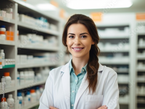 A woman pharmacy worker smiles welcomingly against the background of shelves with medicines. Sale of medicines.