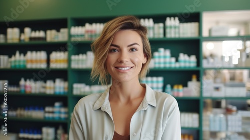 A woman pharmacy worker smiles welcomingly against the background of shelves with medicines. Sale of medicines.