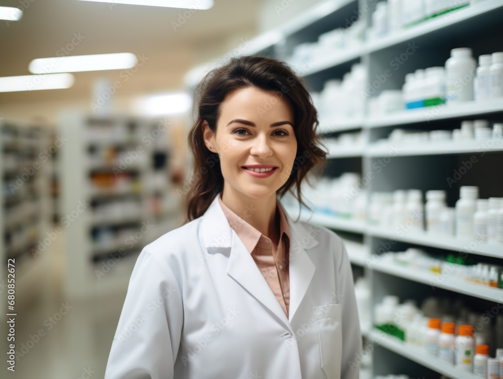 A woman pharmacy worker smiles welcomingly against the background of shelves with medicines. Sale of medicines. A woman pharmacy worker smiles welcomingly against the background of shelves with medicines. Sale of medicines.