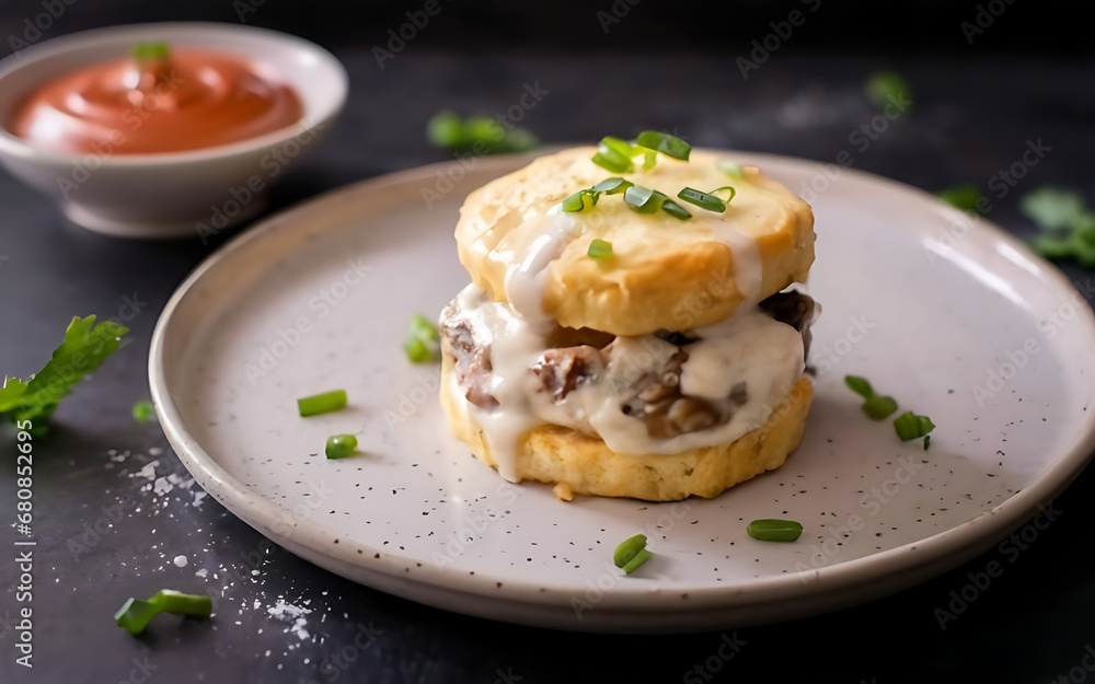 Capture the essence of Biscuits and Gravy in a mouthwatering food photography shot Generative AI