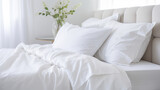 A neatly folded white duvet lies on a white bed, a simple yet elegant statement of comfort and style. AI Generated.