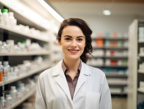 A woman pharmacy worker smiles welcomingly against the background of shelves with medicines. Sale of medicines.